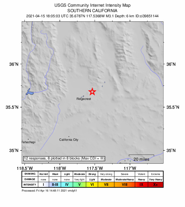 USGS DYFI community-reported intensity map for the M3.1 earthquake near 14km ENE of Ridgecrest, CA