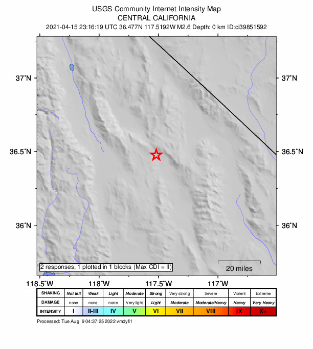 USGS DYFI community-reported intensity map for the M2.6 earthquake near 36km WSW of Stovepipe Wells, CA