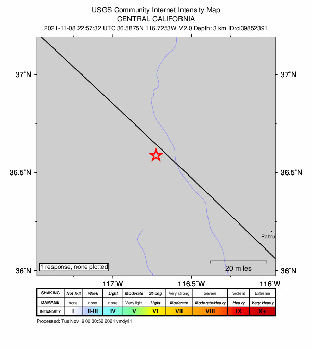 USGS DYFI community-reported intensity map for the M2.0 earthquake near 19km NE of Furnace Creek, CA