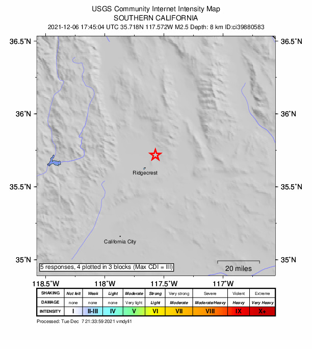 USGS DYFI community-reported intensity map for the M2.5 earthquake near 14km NE of Ridgecrest, CA