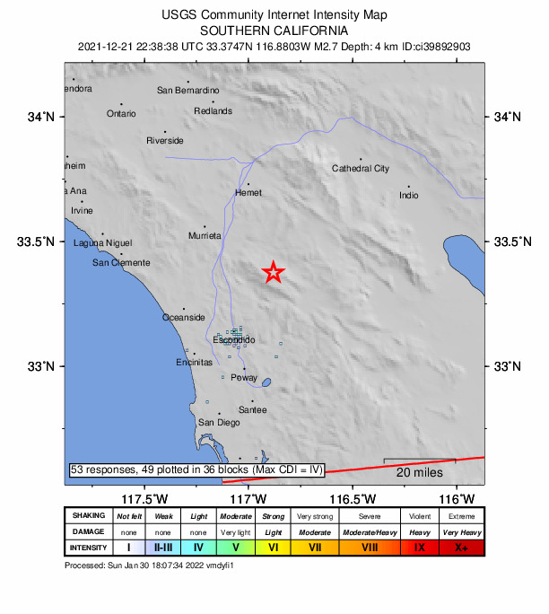 USGS DYFI community-reported intensity map for the M2.7 earthquake near 3km NW of Palomar Observatory, CA