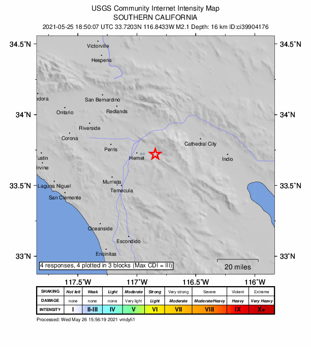 USGS DYFI community-reported intensity map for the M2.1 earthquake near 6km ESE of Valle Vista, CA