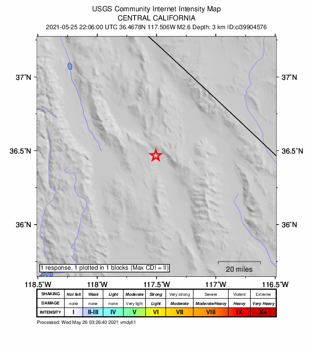 USGS DYFI community-reported intensity map for the M2.6 earthquake near 35km WSW of Stovepipe Wells, CA