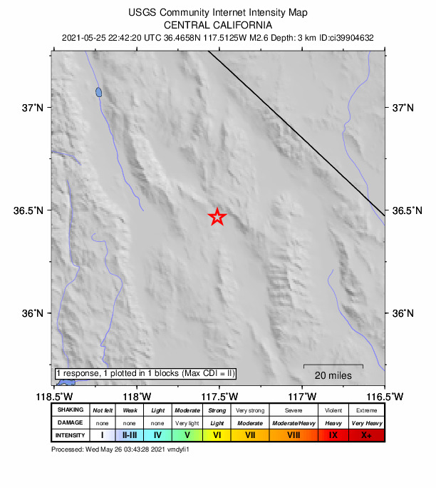 USGS DYFI community-reported intensity map for the M2.6 earthquake near 36km WSW of Stovepipe Wells, CA