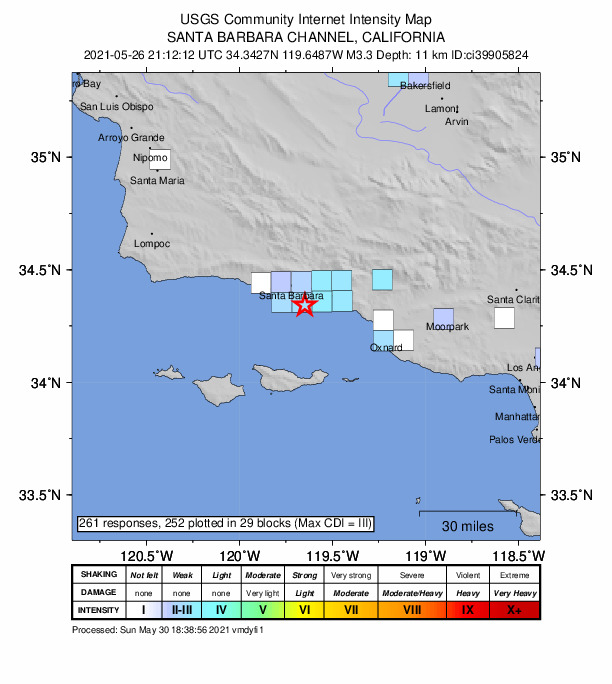 USGS DYFI community-reported intensity map for the M3.3 earthquake near 10km SSE of Santa Barbara, CA