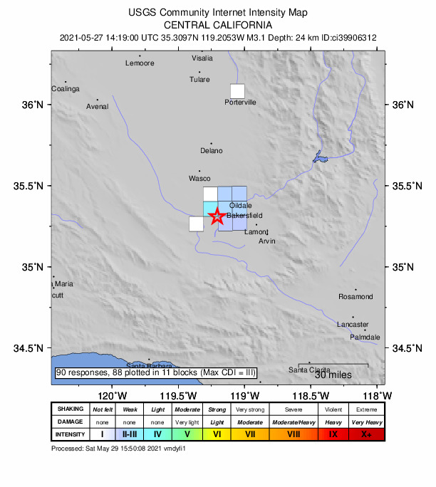 USGS DYFI community-reported intensity map for the M3.1 earthquake near 10km SSW of Rosedale, CA