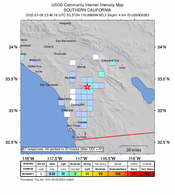 USGS DYFI community-reported intensity map for the M3.2 earthquake near 3km NW of Palomar Observatory, CA