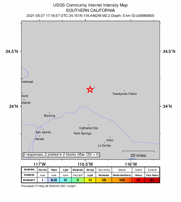 USGS DYFI community-reported intensity map for the M2.2 earthquake near 4km NNW of Yucca Valley, CA