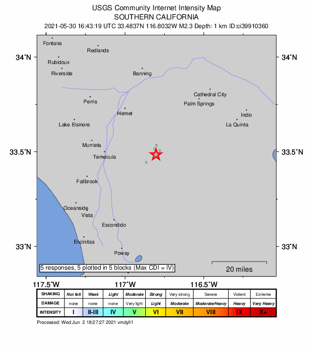 USGS DYFI community-reported intensity map for the M2.3 earthquake near 7km NE of Aguanga, CA