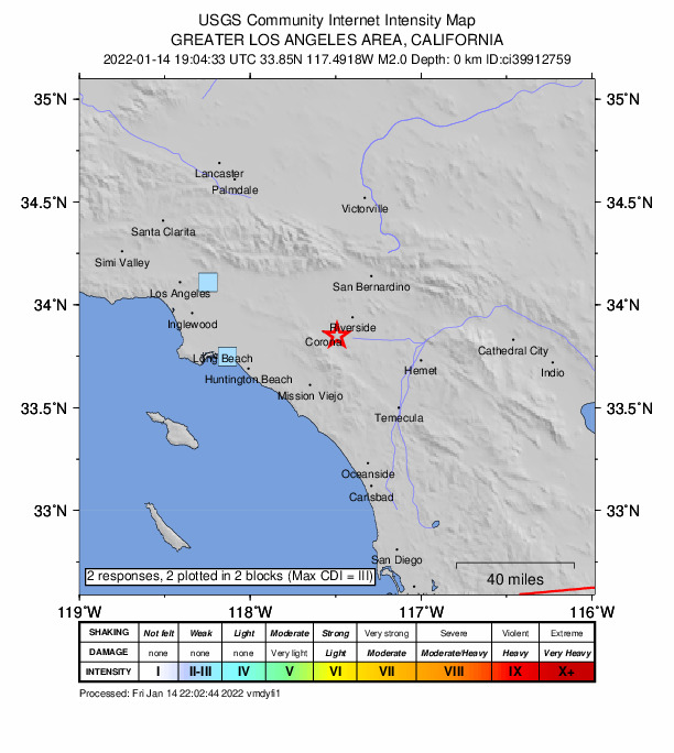 USGS DYFI community-reported intensity map for the M2.0 earthquake near 4km SE of Home Gardens, CA