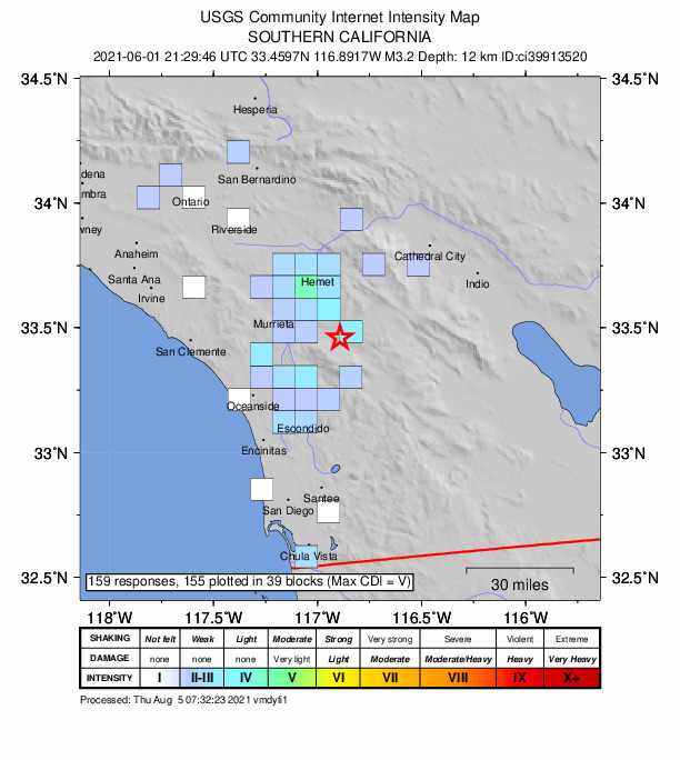 USGS DYFI community-reported intensity map for the M3.2 earthquake near 3km NW of Aguanga, CA