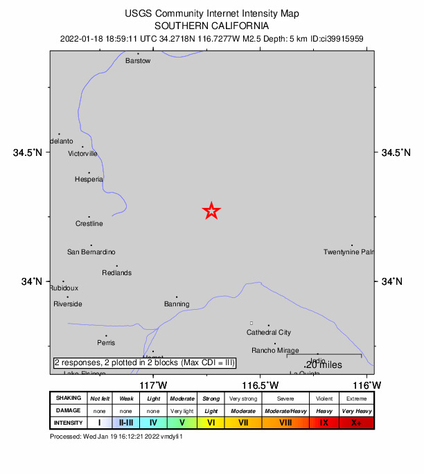 USGS DYFI community-reported intensity map for the M2.5 earthquake near 11km E of Big Bear City, CA