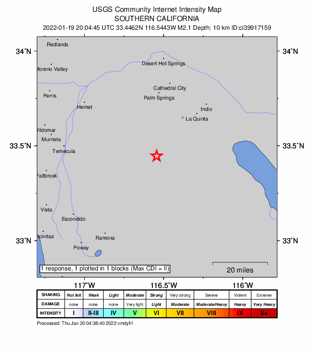 USGS DYFI community-reported intensity map for the M2.1 earthquake near 17km SE of Anza, CA