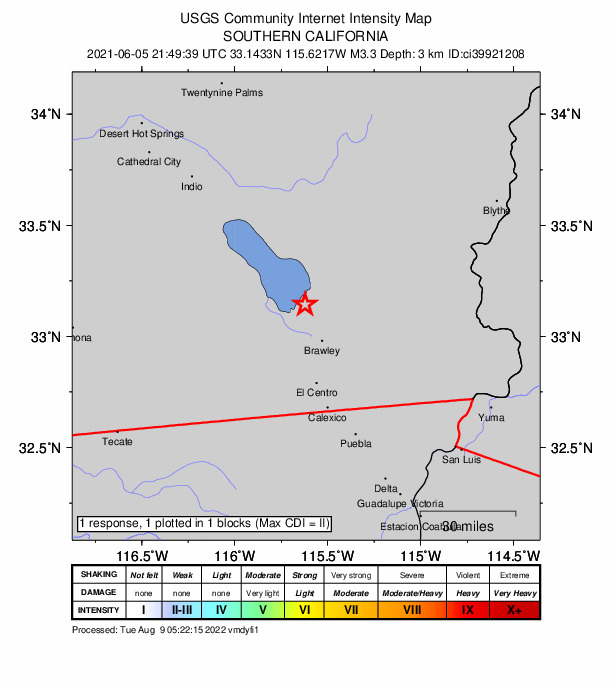 USGS DYFI community-reported intensity map for the M3.3 earthquake near 10km W of Calipatria, CA