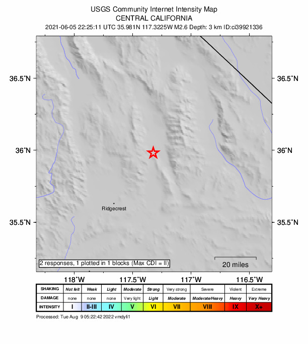 USGS DYFI community-reported intensity map for the M2.6 earthquake near 25km NNE of Trona, CA