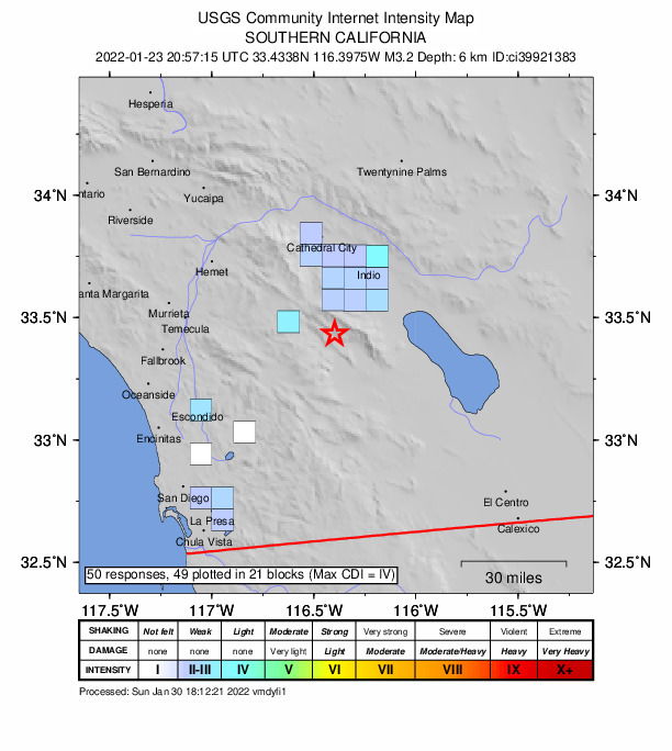 USGS DYFI community-reported intensity map for the M3.2 earthquake near 20km N of Borrego Springs, CA