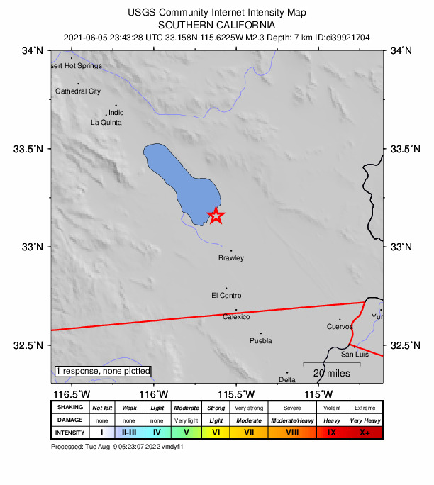USGS DYFI community-reported intensity map for the M2.3 earthquake near 11km WNW of Calipatria, CA