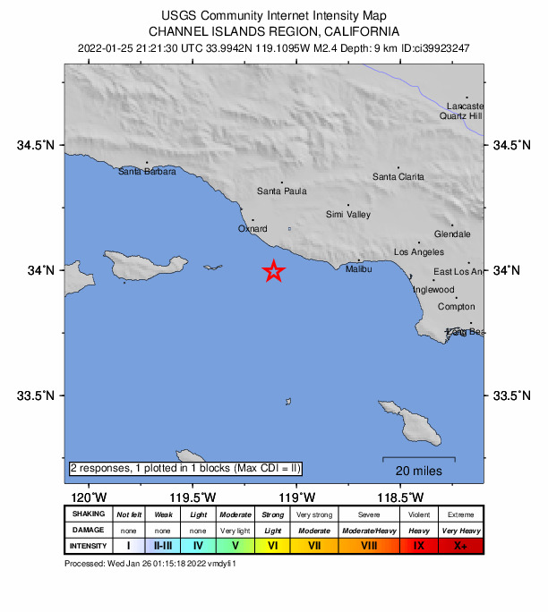 USGS DYFI community-reported intensity map for the M2.4 earthquake near 19km SSE of Port Hueneme, CA
