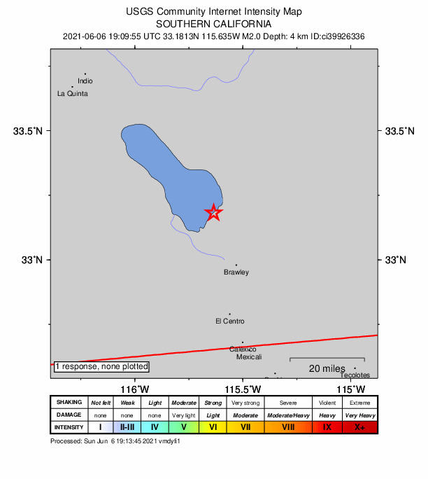 USGS DYFI community-reported intensity map for the M2.1 earthquake near 13km WSW of Niland, CA