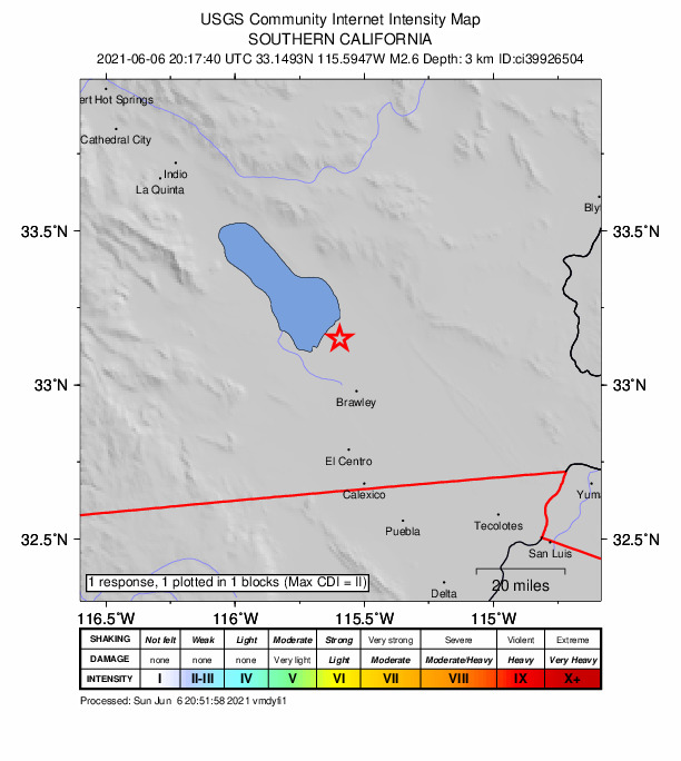 USGS DYFI community-reported intensity map for the M2.6 earthquake near 8km WNW of Calipatria, CA