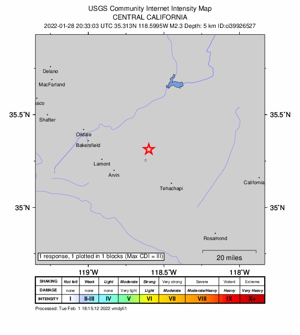 USGS DYFI community-reported intensity map for the M2.3 earthquake near 24km ENE of Arvin, CA