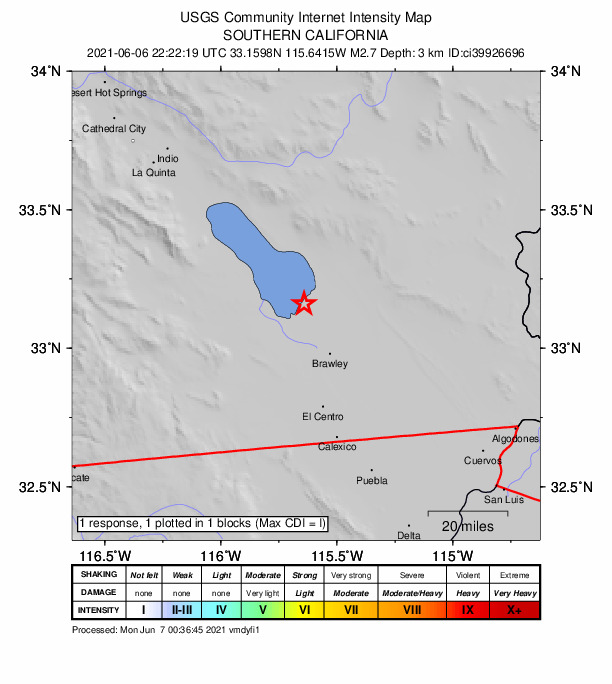 USGS DYFI community-reported intensity map for the M2.8 earthquake near 12km WNW of Calipatria, CA