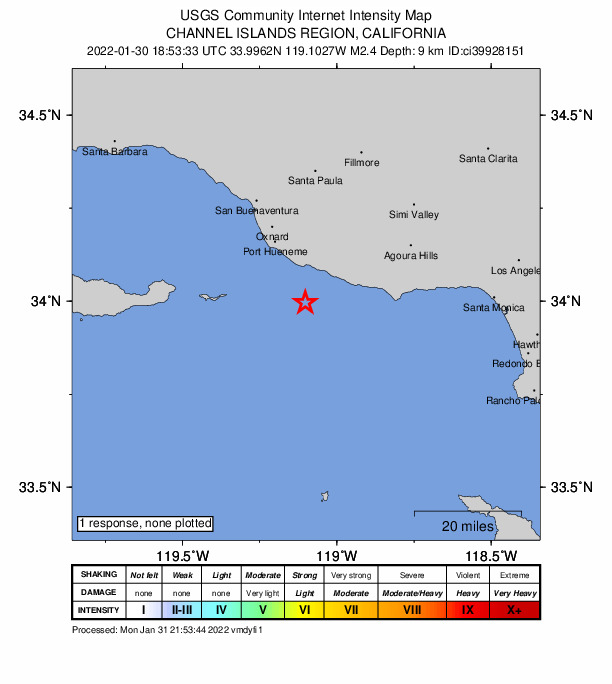 USGS DYFI community-reported intensity map for the M2.4 earthquake near 19km SSE of Port Hueneme, CA