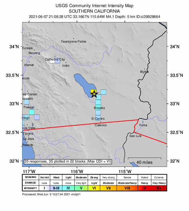 USGS DYFI community-reported intensity map for the M4.1 earthquake near 13km WNW of Calipatria, CA