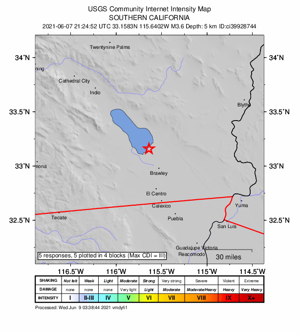 USGS DYFI community-reported intensity map for the M3.6 earthquake near 12km WNW of Calipatria, CA