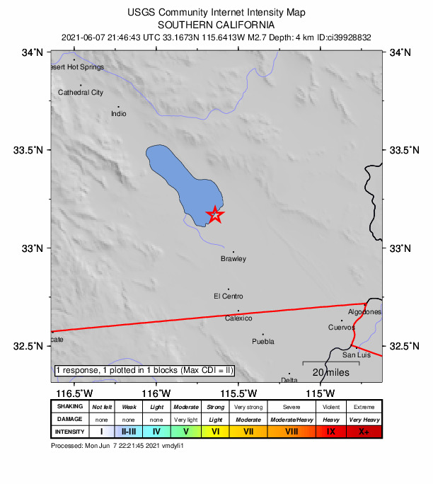 USGS DYFI community-reported intensity map for the M2.7 earthquake near 13km WNW of Calipatria, CA