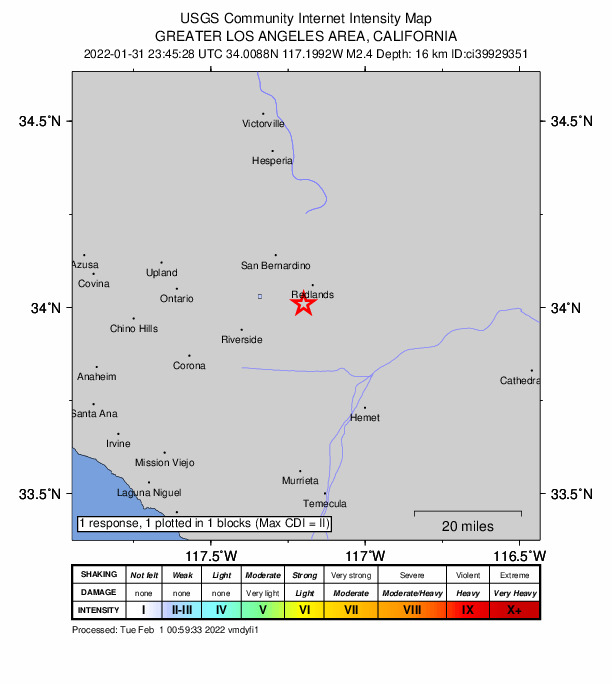 USGS DYFI community-reported intensity map for the M2.4 earthquake near 5km SSW of Redlands, CA