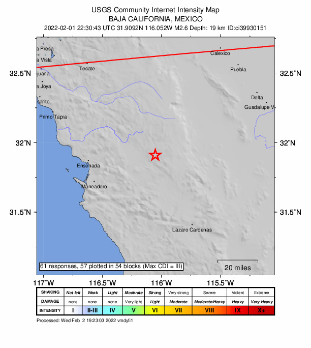 USGS DYFI community-reported intensity map for the M2.6 earthquake near 53km ENE of Maneadero, B.C., MX