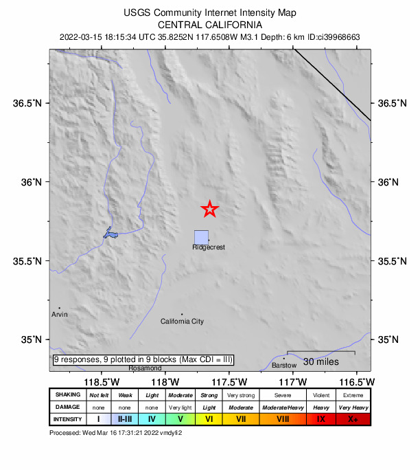 USGS DYFI community-reported intensity map for the M3.1 earthquake near 23km N of Ridgecrest, CA