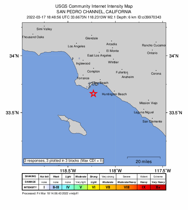 USGS DYFI community-reported intensity map for the M2.1 earthquake near 10km SE of San Pedro, CA