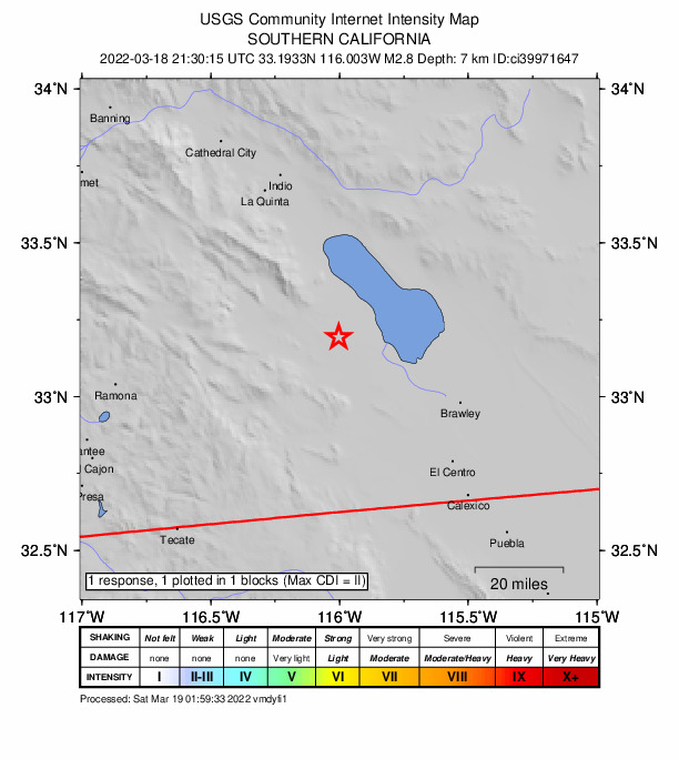 USGS DYFI community-reported intensity map for the M2.8 earthquake near 12km SSW of Salton City, CA