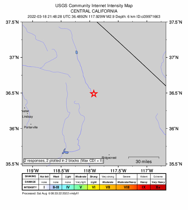 USGS DYFI community-reported intensity map for the M2.9 earthquake near 17km SE of Lone Pine, CA