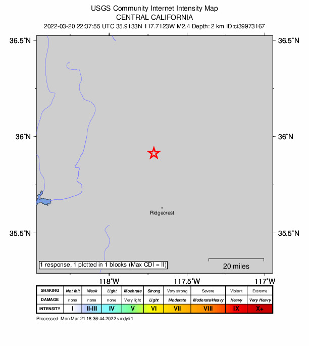 USGS DYFI community-reported intensity map for the M2.4 earthquake near 18km E of Little Lake, CA