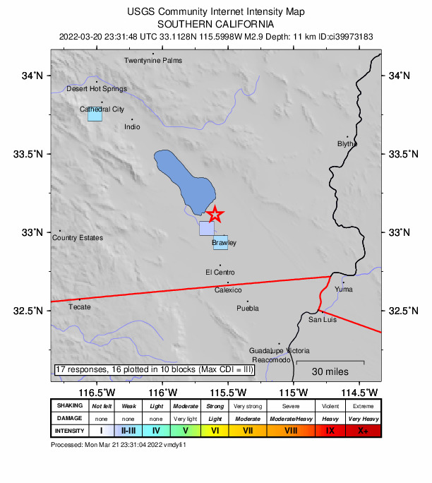 USGS DYFI community-reported intensity map for the M2.9 earthquake near 8km W of Calipatria, CA