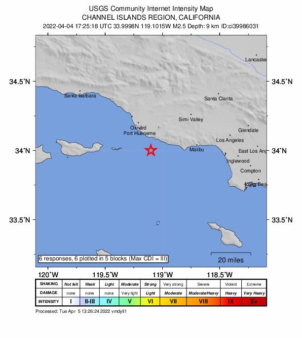 USGS DYFI community-reported intensity map for the M2.5 earthquake near 19km SSE of Port Hueneme, CA