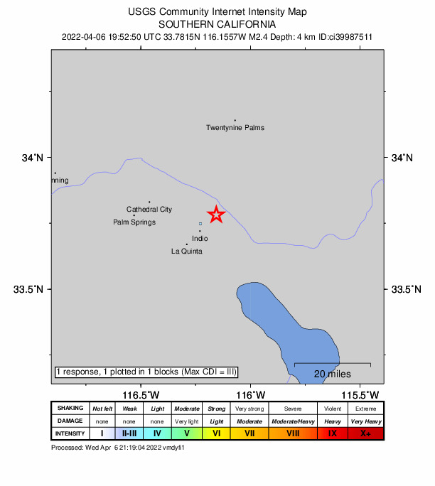 USGS DYFI community-reported intensity map for the M2.4 earthquake near 9km NE of Indio, CA