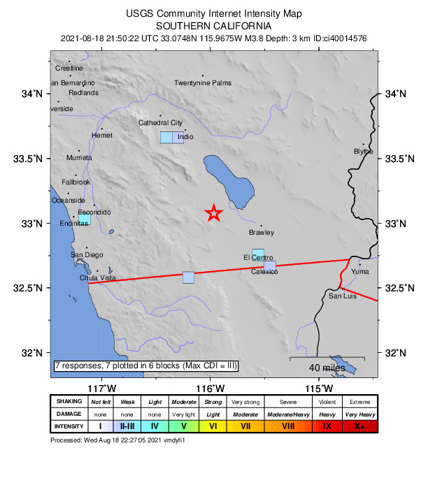 USGS DYFI community-reported intensity map for the M3.8 earthquake near 17km ESE of Ocotillo Wells, CA