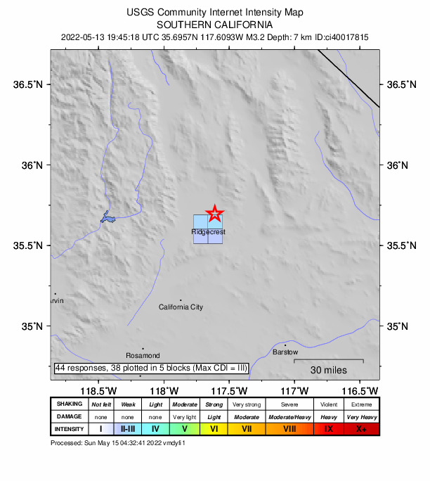 USGS DYFI community-reported intensity map for the M3.2 earthquake near 10km NE of Ridgecrest, CA