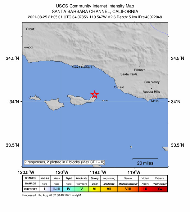 USGS DYFI community-reported intensity map for the M2.6 earthquake near 6km NNW of Santa Cruz Is. (E end), CA