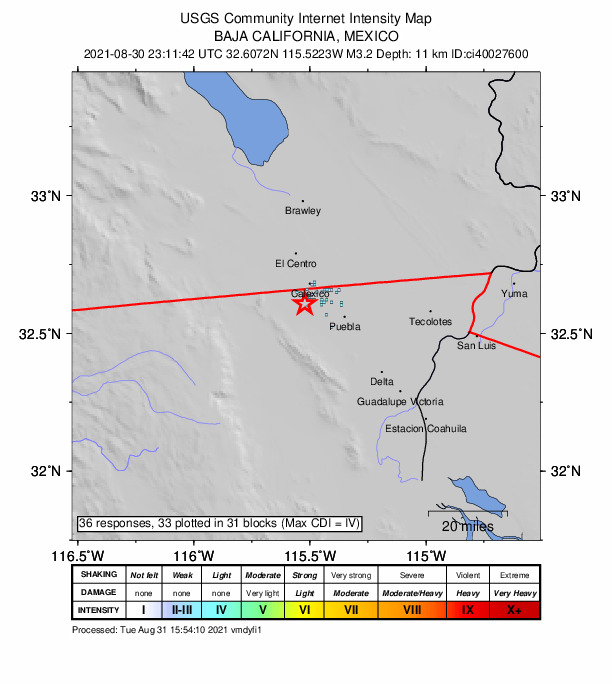 USGS DYFI community-reported intensity map for the M3.2 earthquake near 6km ENE of Progreso, B.C., MX