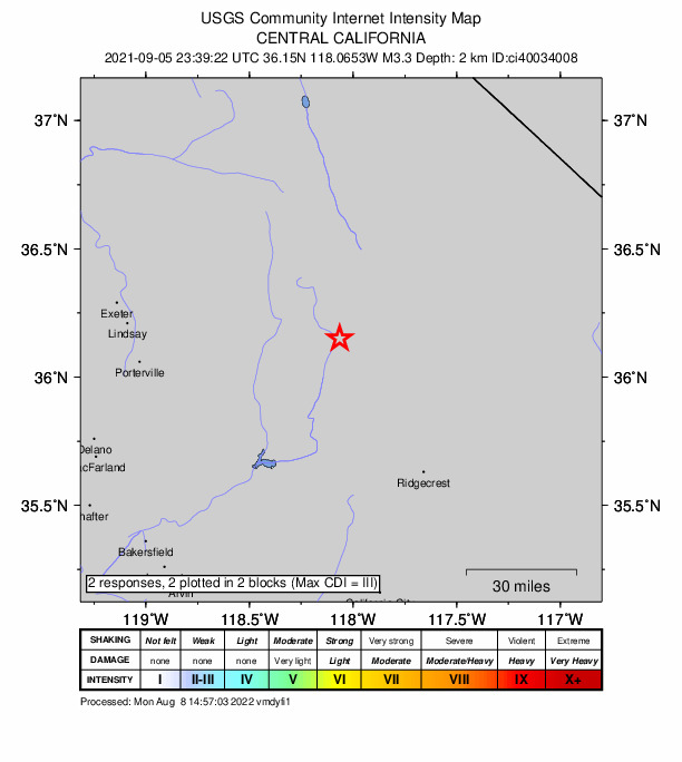 USGS DYFI community-reported intensity map for the M3.3 earthquake near 16km SSW of Olancha, CA
