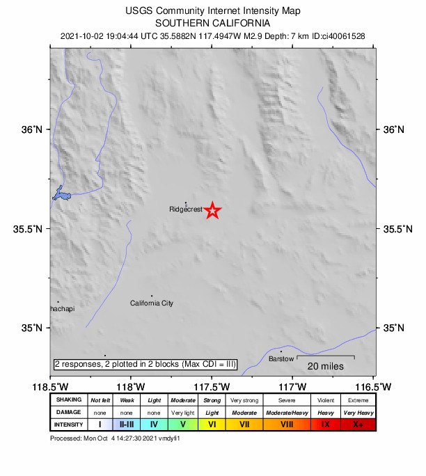 USGS DYFI community-reported intensity map for the M2.9 earthquake near 17km ESE of Ridgecrest, CA
