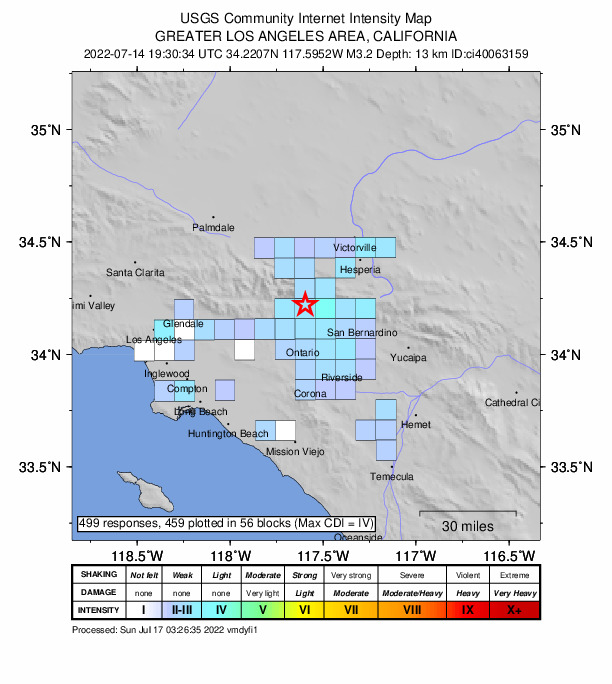 USGS DYFI community-reported intensity map for the M3.3 earthquake near 10km WSW of Lytle Creek, CA