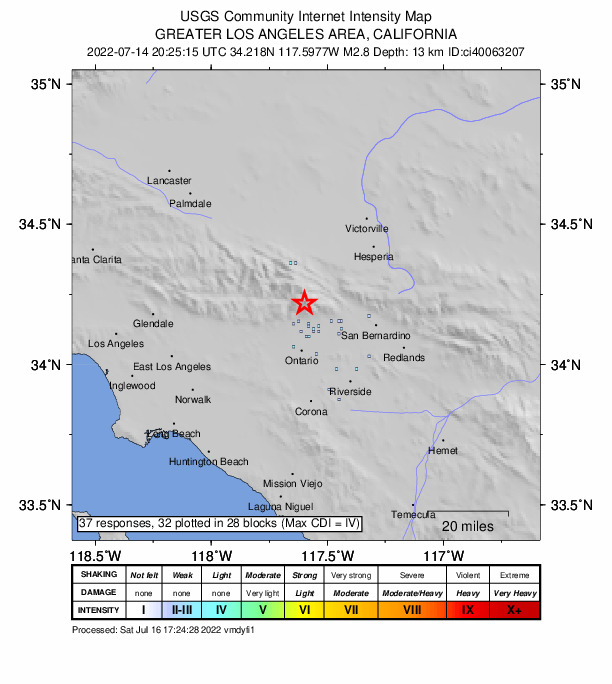 USGS DYFI community-reported intensity map for the M2.8 earthquake near 10km WSW of Lytle Creek, CA