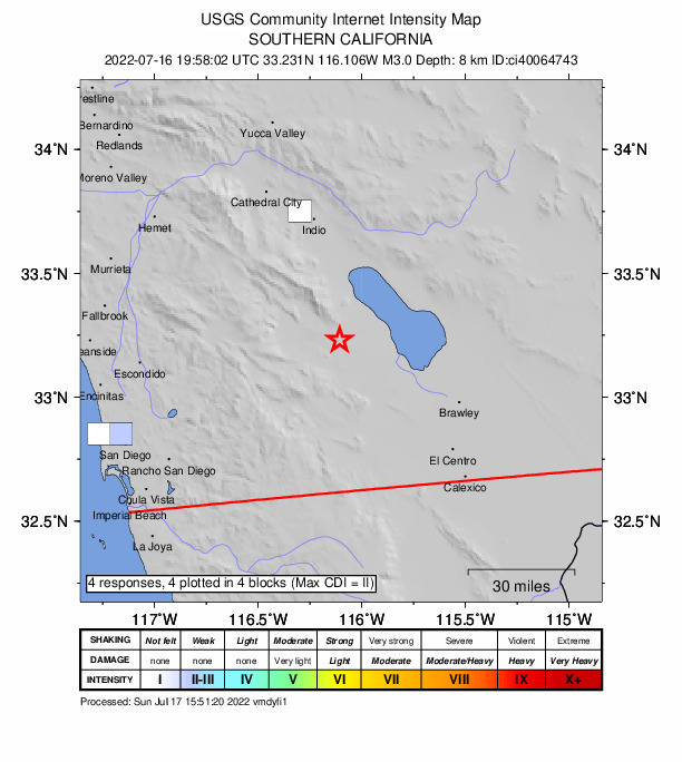 USGS DYFI community-reported intensity map for the M3.0 earthquake near 10km NNE of Ocotillo Wells, CA