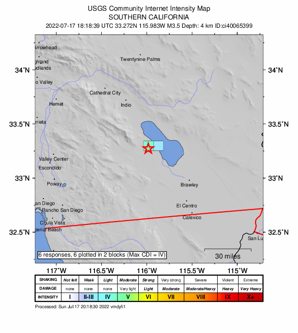 USGS DYFI community-reported intensity map for the M3.5 earthquake near 4km SW of Salton City, CA
